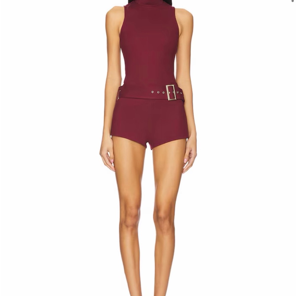 superdown Burgundy High-Neck Romper with Belt
